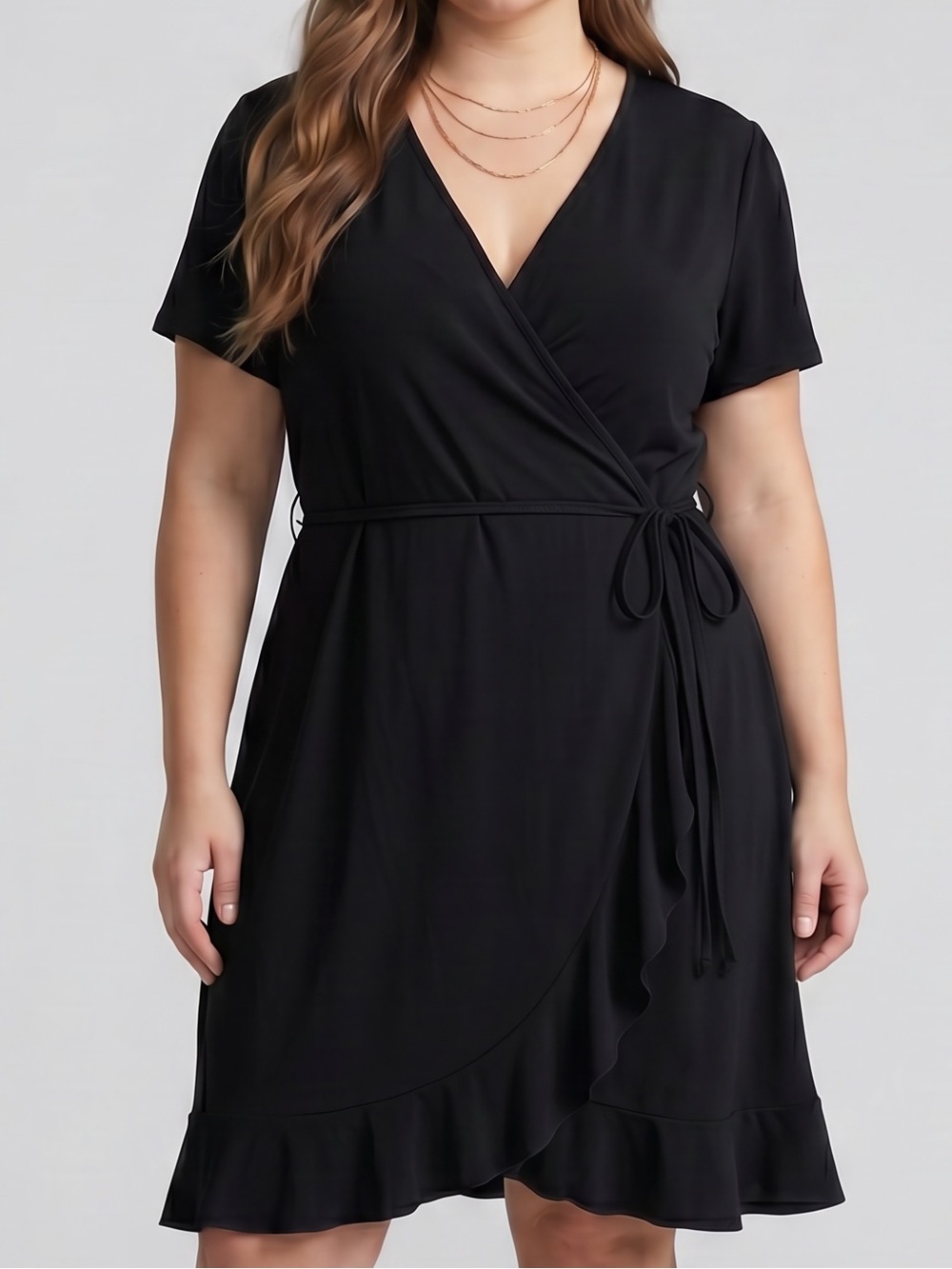 Apt. 9 LBD Midi Wrap Dress deep V-neckline short sleeves Ruffle Hem office siren